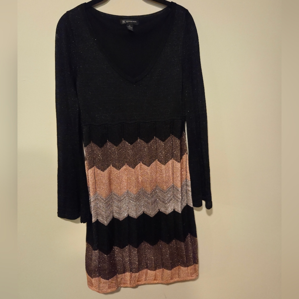 INC International Concepts V-neck Bell Sleeve Sparkly Chevron Midi Dress Size L